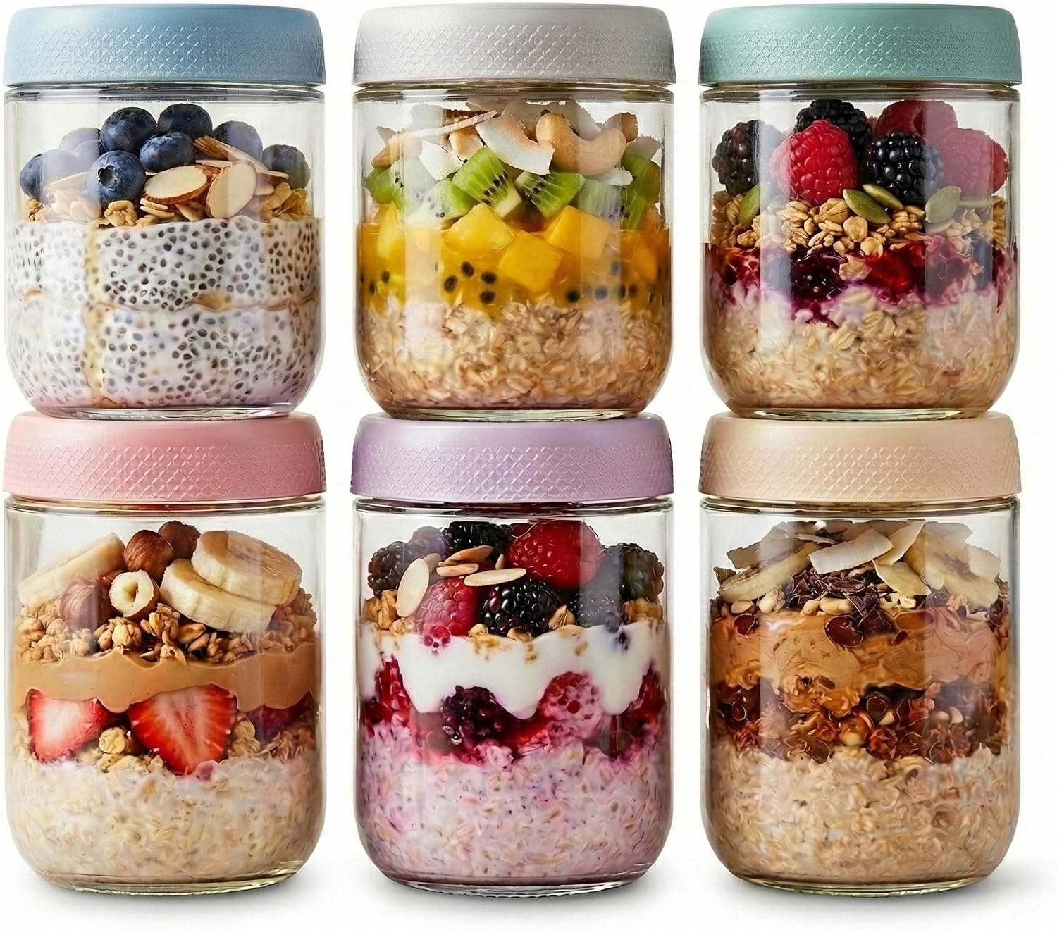 Overnight Oats Glass Jars with Airtight Lids, 16 oz - 6 Pack, Wide Mouth