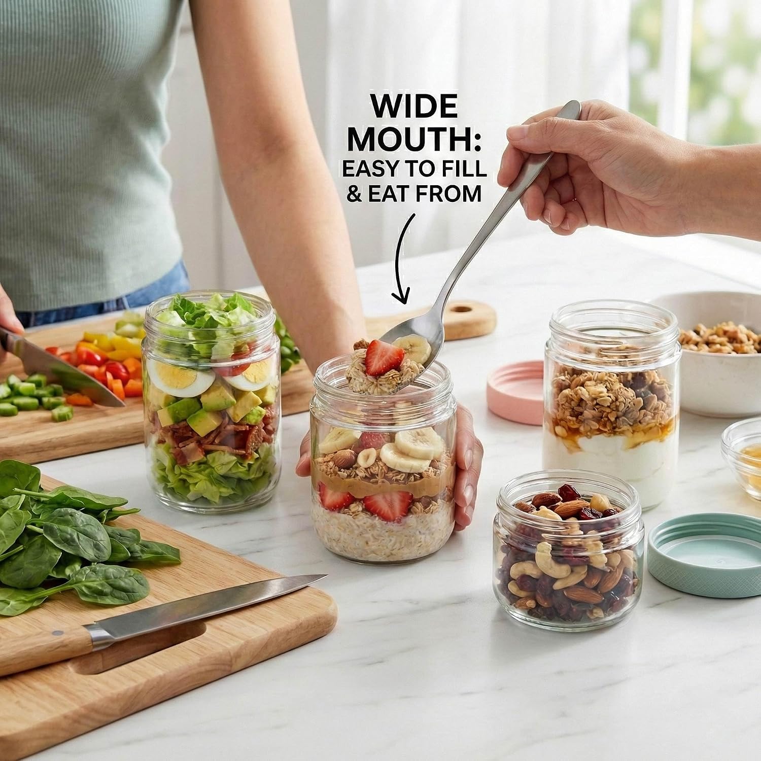 Overnight Oats Glass Jars with Airtight Lids, 16 oz - 6 Pack, Wide Mouth