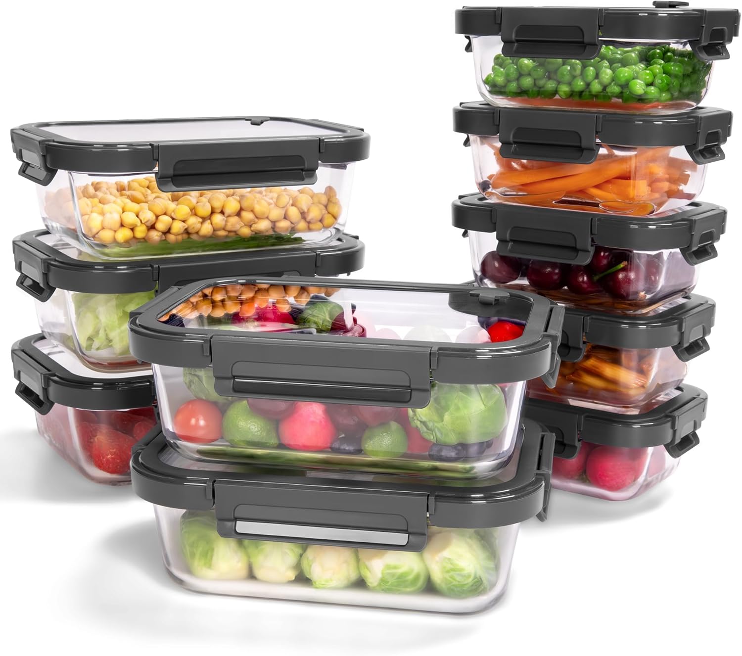 Borosilicate Glass Containers with Tempered Glass Lids, 4.4 and 1.6 Cup - 10 Pack