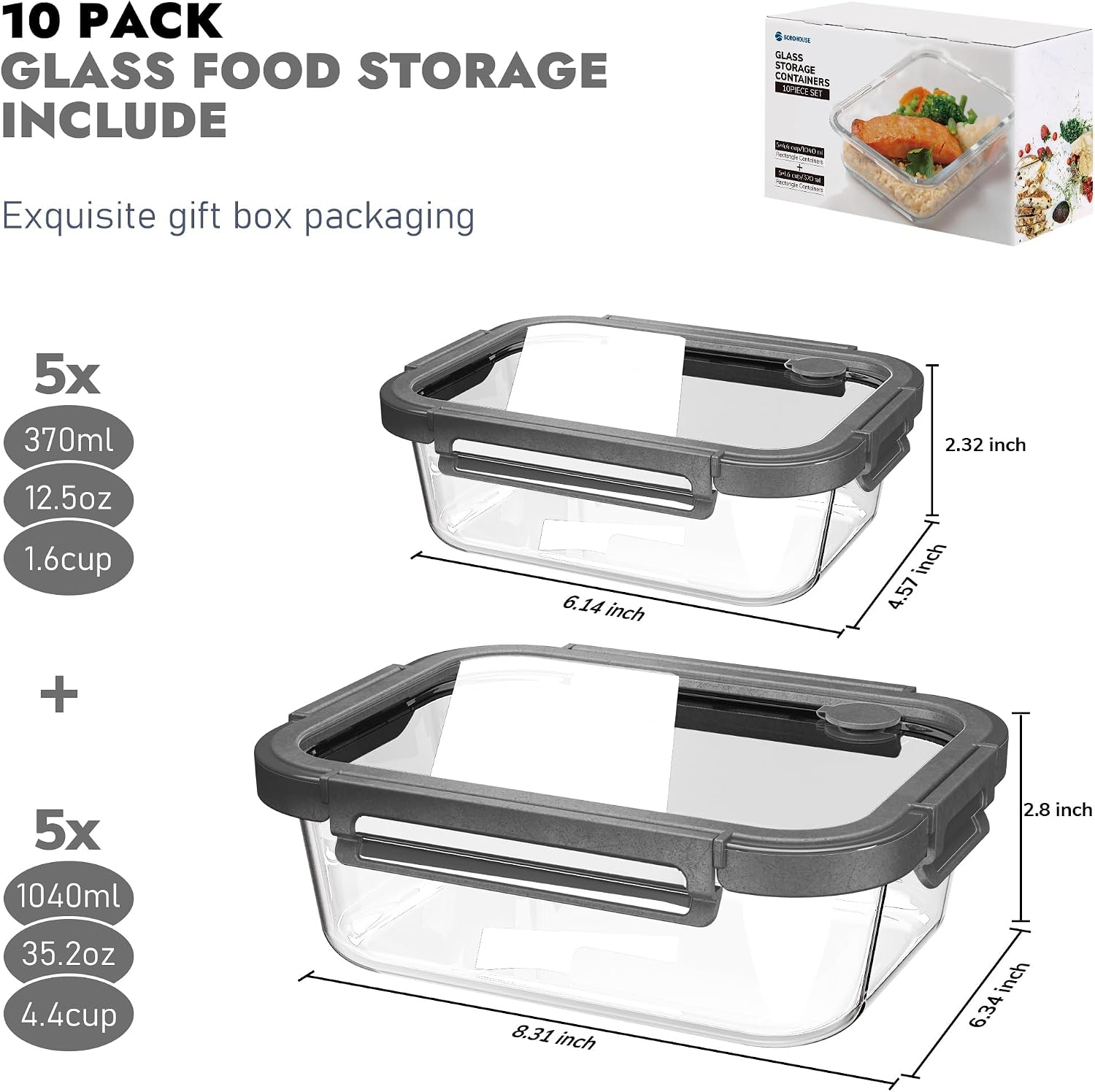 Borosilicate Glass Containers with Tempered Glass Lids, 4.4 and 1.6 Cup - 10 Pack