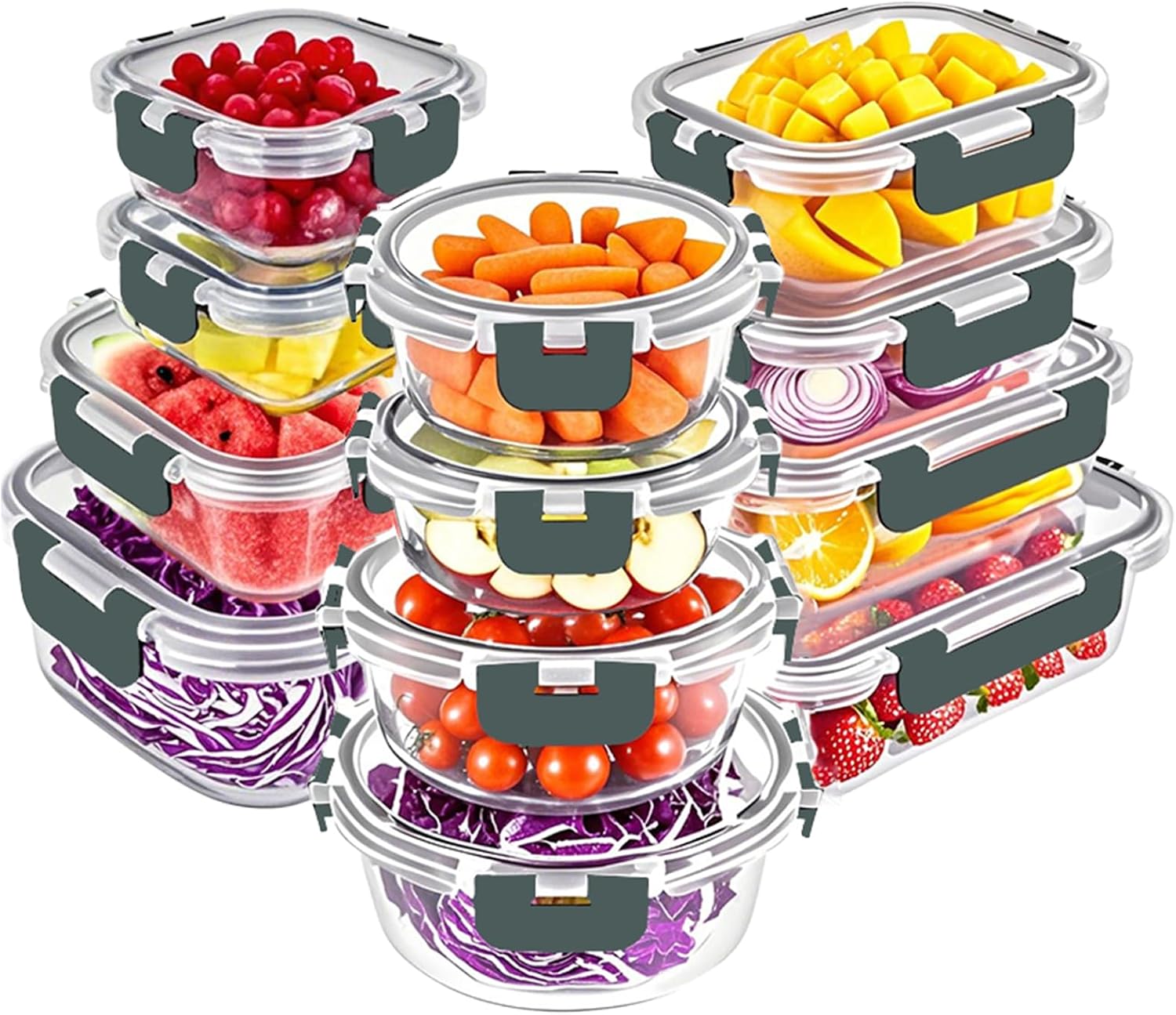 VERONES 12 Packs Glass Food Storage Containers Set with Lids, Grey | Airtight Glass Lunch Containers, Glass Meal Prep Containers with Lids, for Microwave, Oven, Freezer & Dishwasher Friendly Glass Food Storage Container Set with Airtight Lids - 12 Pack, Grey