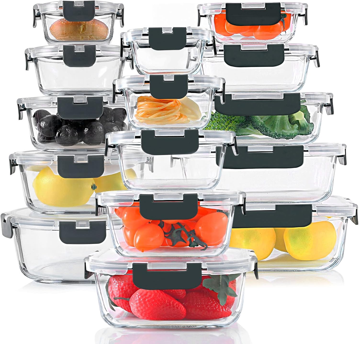 Glass Storage Container Set with Snap-Locking Lids - 30 Pieces, Grey