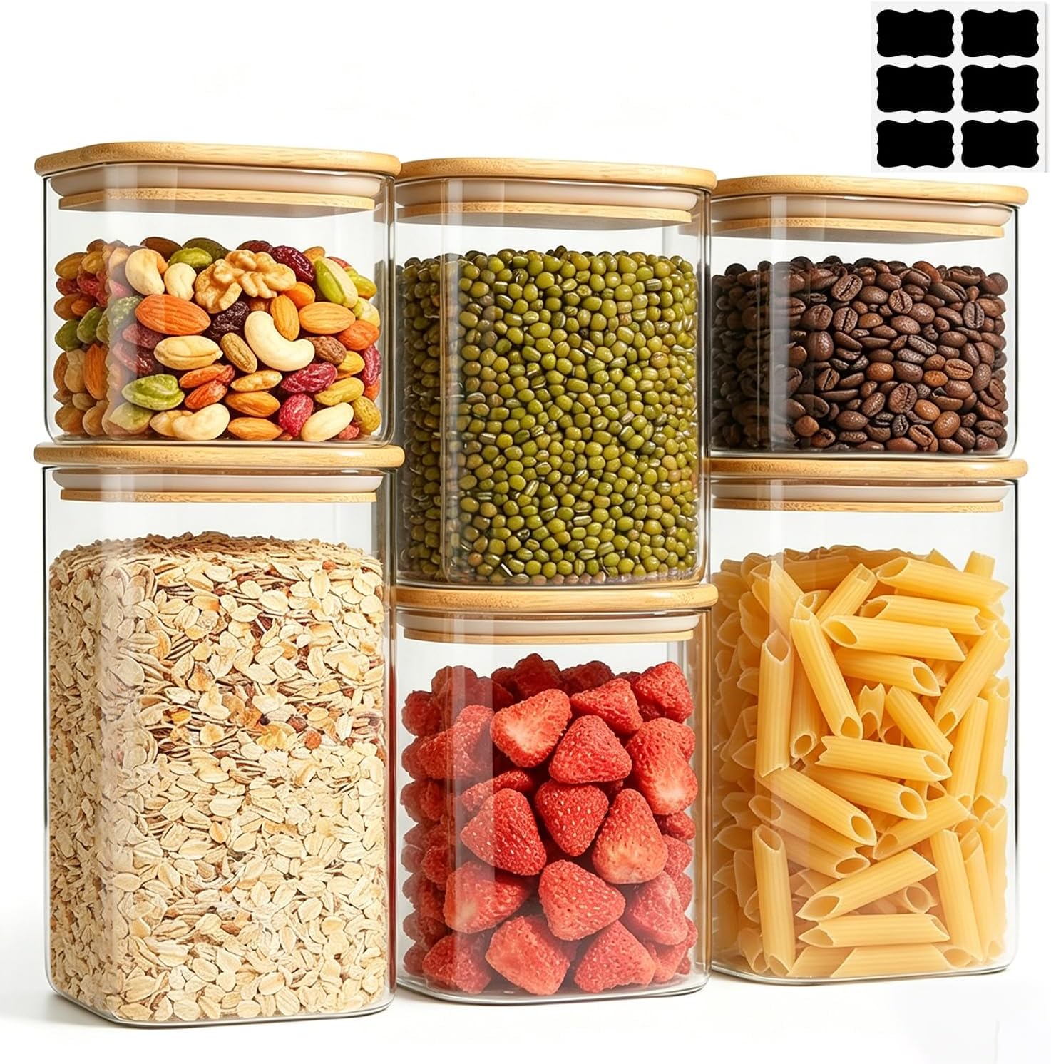 Rectangular Glass Pantry Canisters with Airtight Lids - Set of 6, 0.7 to 1.6 qt