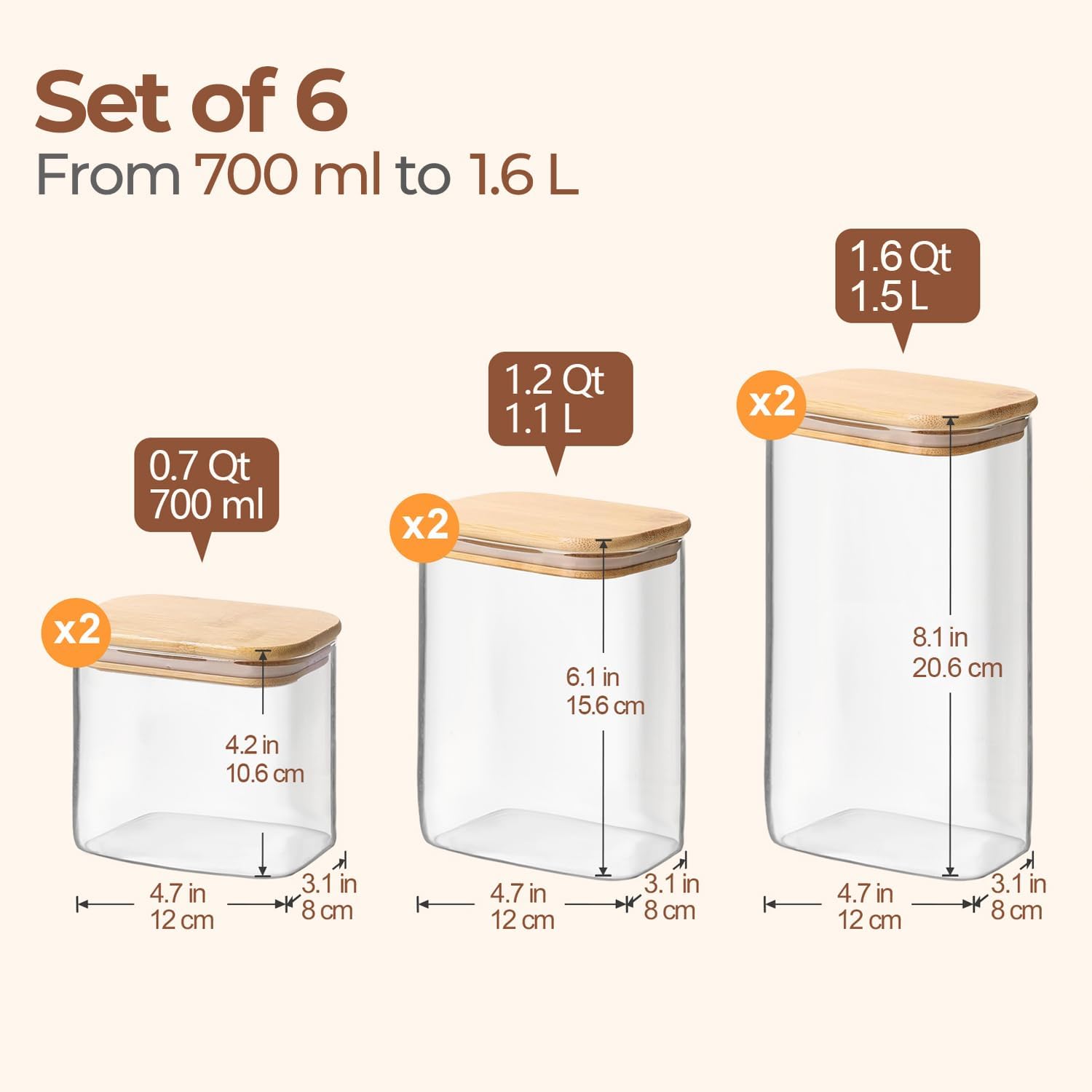 Rectangular Glass Pantry Canisters with Airtight Lids - Set of 6, 0.7 to 1.6 qt