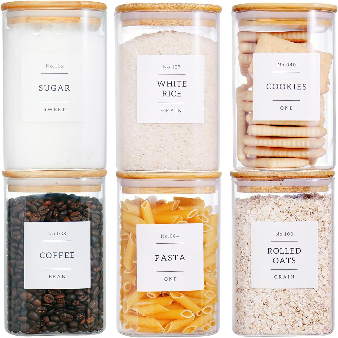 Square Glass Kitchen Jars with Bamboo Lids, 35 oz - 6 Pack with 132 Labels