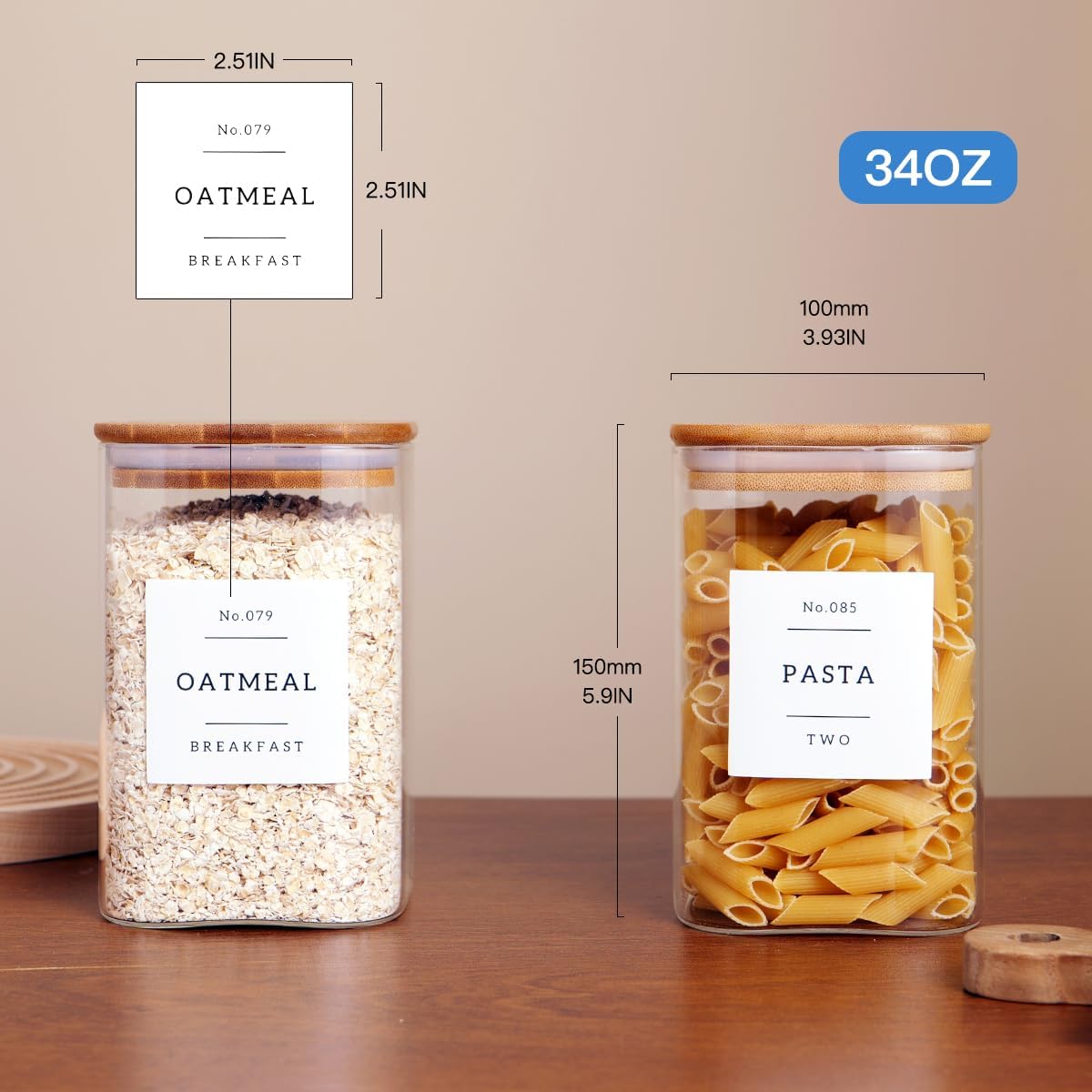 Square Glass Kitchen Jars with Bamboo Lids, 35 oz - 6 Pack with 132 Labels