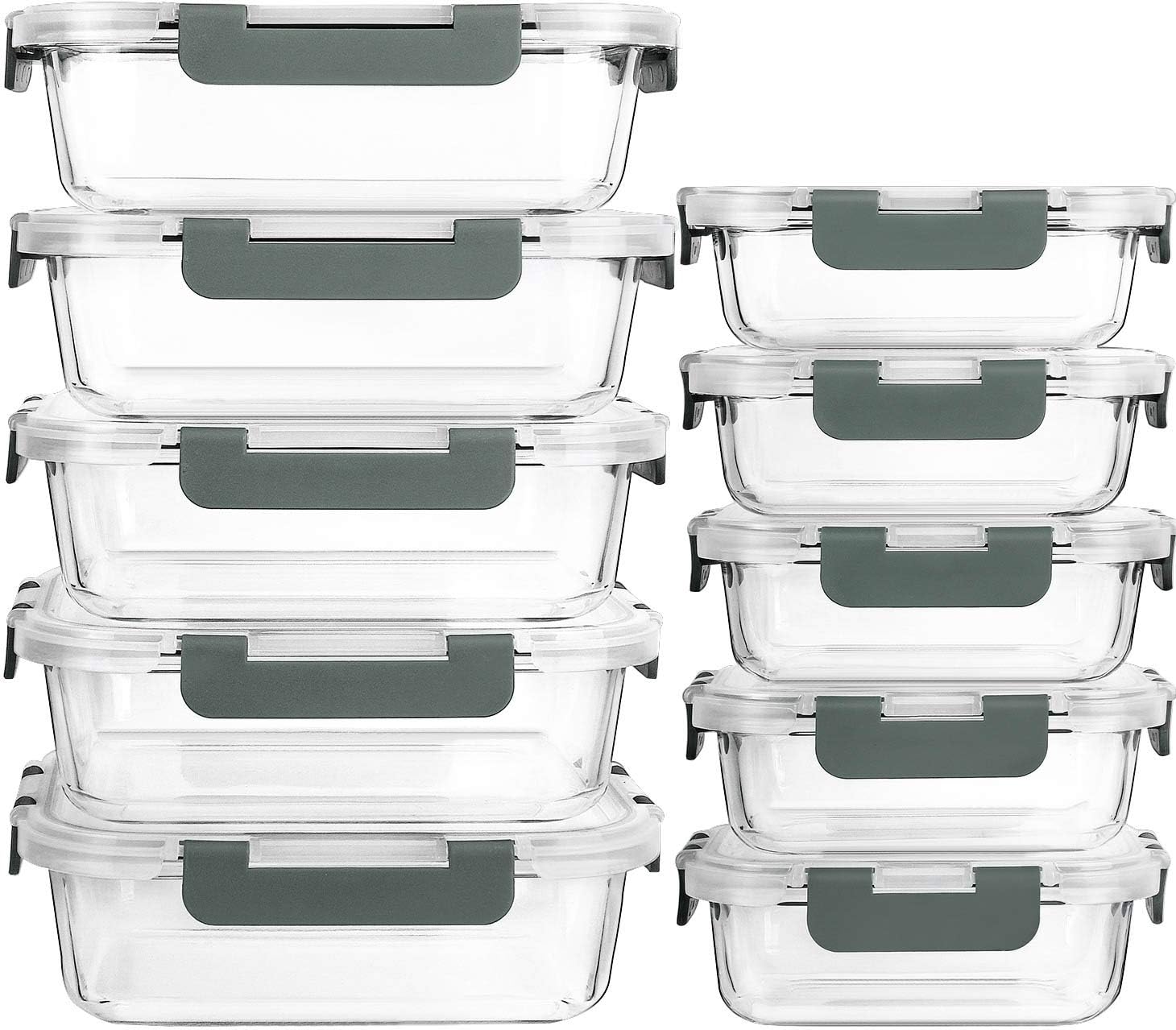 M MCIRCO 10 Pack Glass Food Storage Containers with Lids, Gray | Glass Meal Prep Containers,Airtight Lunch Containers with Lids, Microwave, Oven, Freezer and Dishwasher Friendly, BPA Free Glass Lunch Containers with Airtight Lids - 10 Pack, Grey