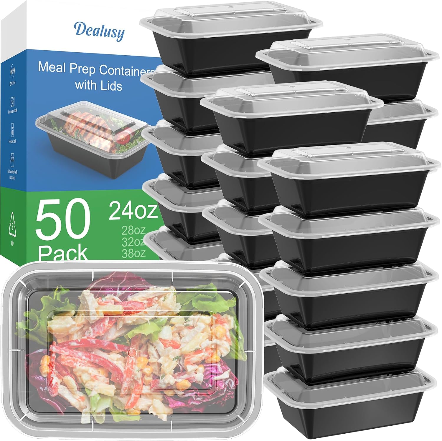 Dealusy 50 Pack (100-Piece) 24 oz Meal Prep Containers Reusable with Lids | Sturdy Leakproof & Food Safe, Microwave, Freezer, Dishwasher Safe Prep Containers, To Go Take Out Plastic Food Storage Reusable Meal Prep Containers with Lids, 24 oz - 50 Sets, 100 Pieces