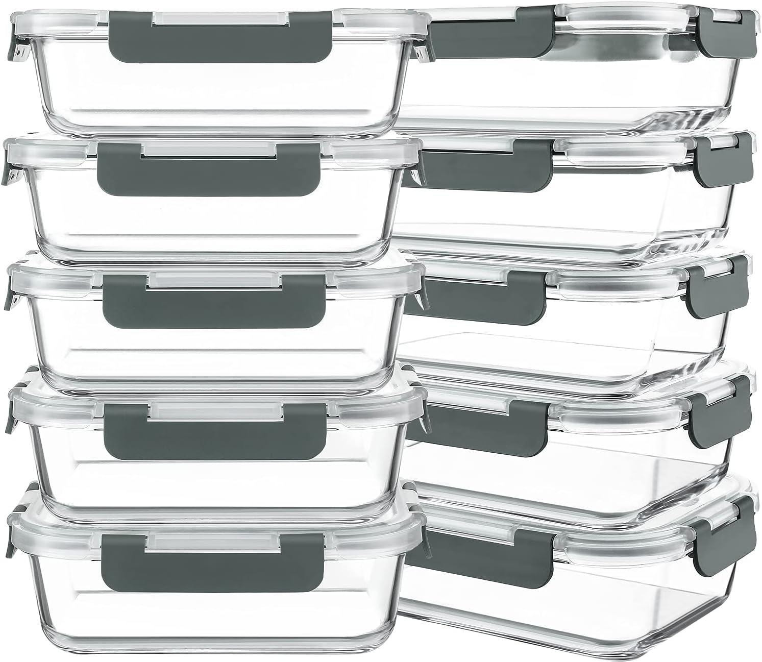 KOMUEE 10 Packs 30 oz Glass Meal Prep Containers with Lids | Glass Food Storage Containers with Lids, Airtight Lunch Bento Boxes, Microwave, Freezer and Dishwasher, Gray Glass Meal Prep Containers with Lids, 30 oz - 10 Pack, Grey