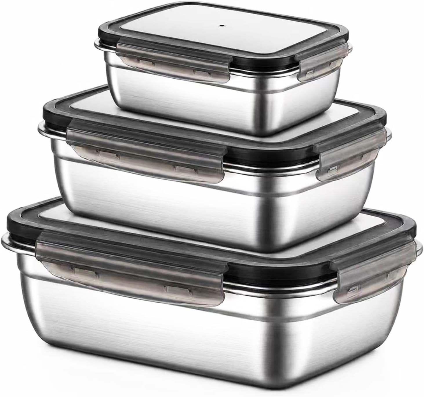 Stainless Steel Food Containers with Clear Lids, 18/8 Grade - 3 Pack, Black Trim