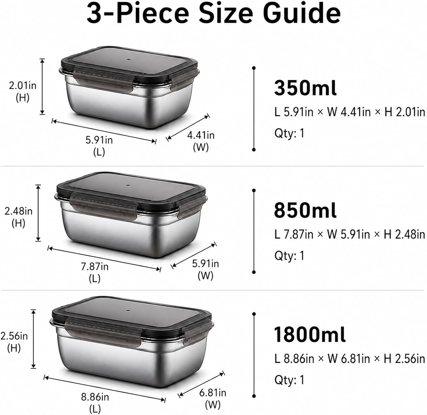 Stainless Steel Food Containers with Clear Lids, 18/8 Grade - 3 Pack, Black Trim
