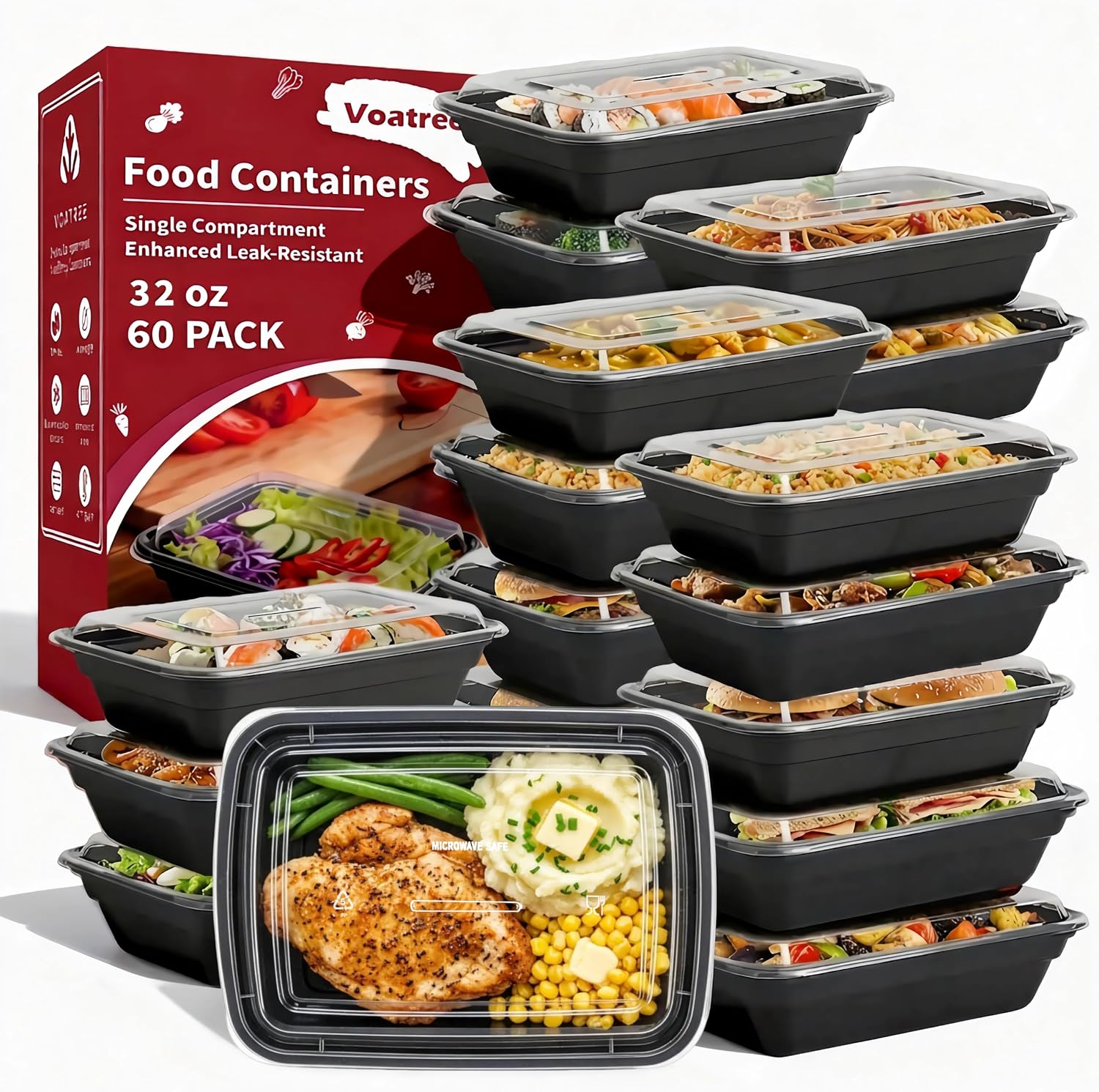 Voatree 60 Pack 32 oz Plastic Meal Prep Containers with Lids,Microwave Safe | Take Out,Food Storage,Disposable Plastic Lunch Boxes,Sturdy,Freezer,Microwave,Dishwasher Safe,Stackable,Leak-proof Plastic Meal Prep Containers with Lids, 32 oz - 60 Pack, Microwave Safe
