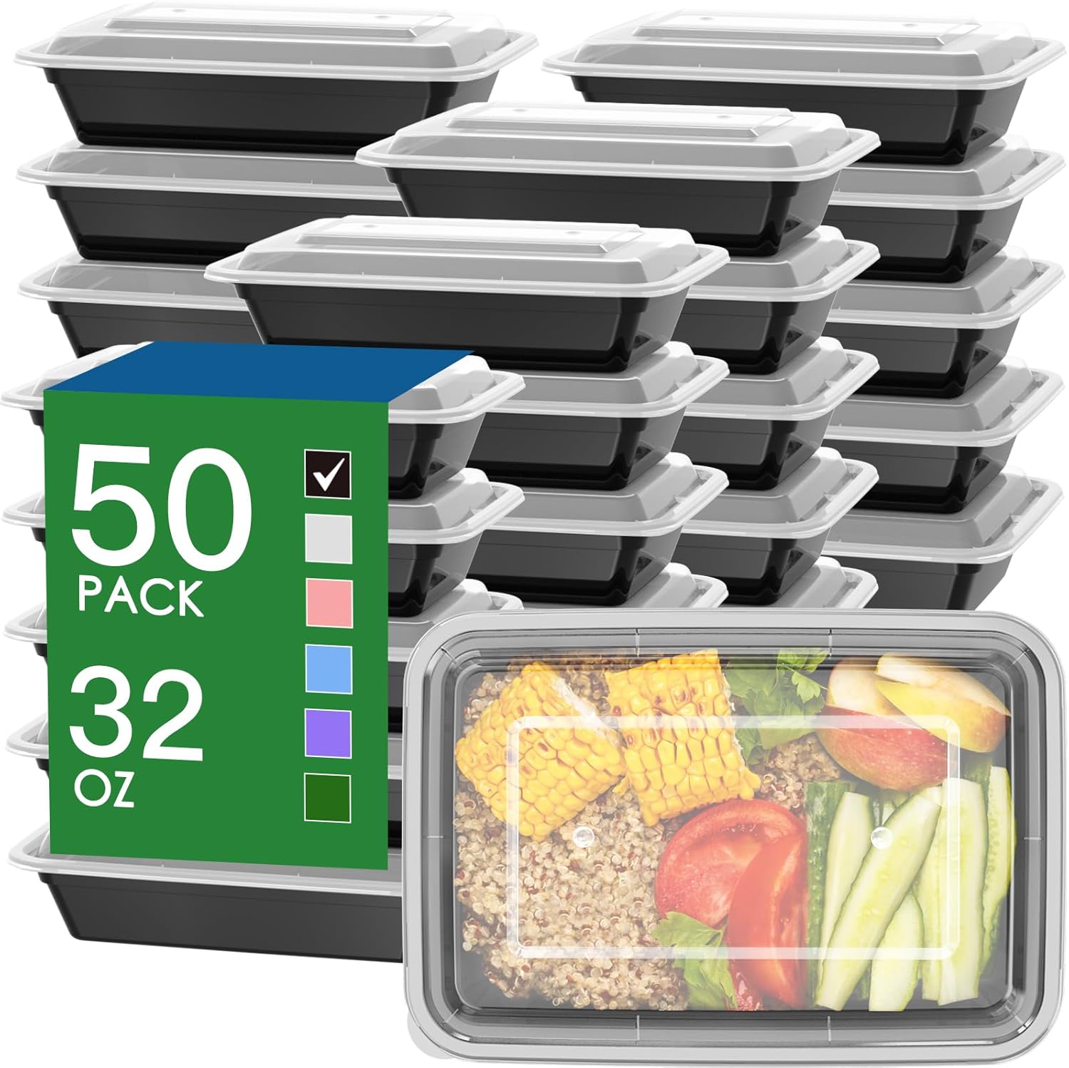 Meal Prep Containers with Easy-Open Lids, 32 oz - 50 Sets, 100 Pieces, Black