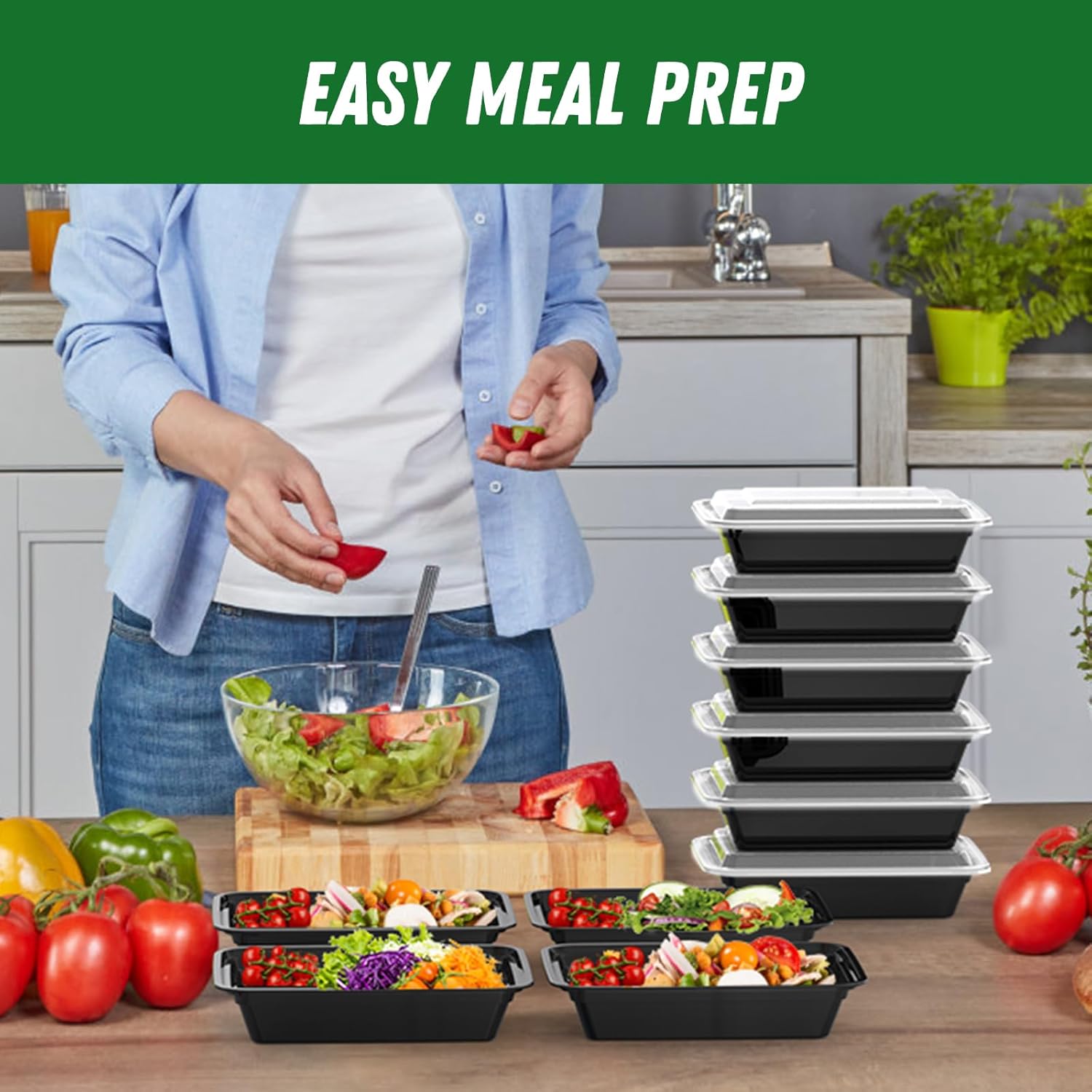 Meal Prep Containers with Easy-Open Lids, 32 oz - 50 Sets, 100 Pieces, Black