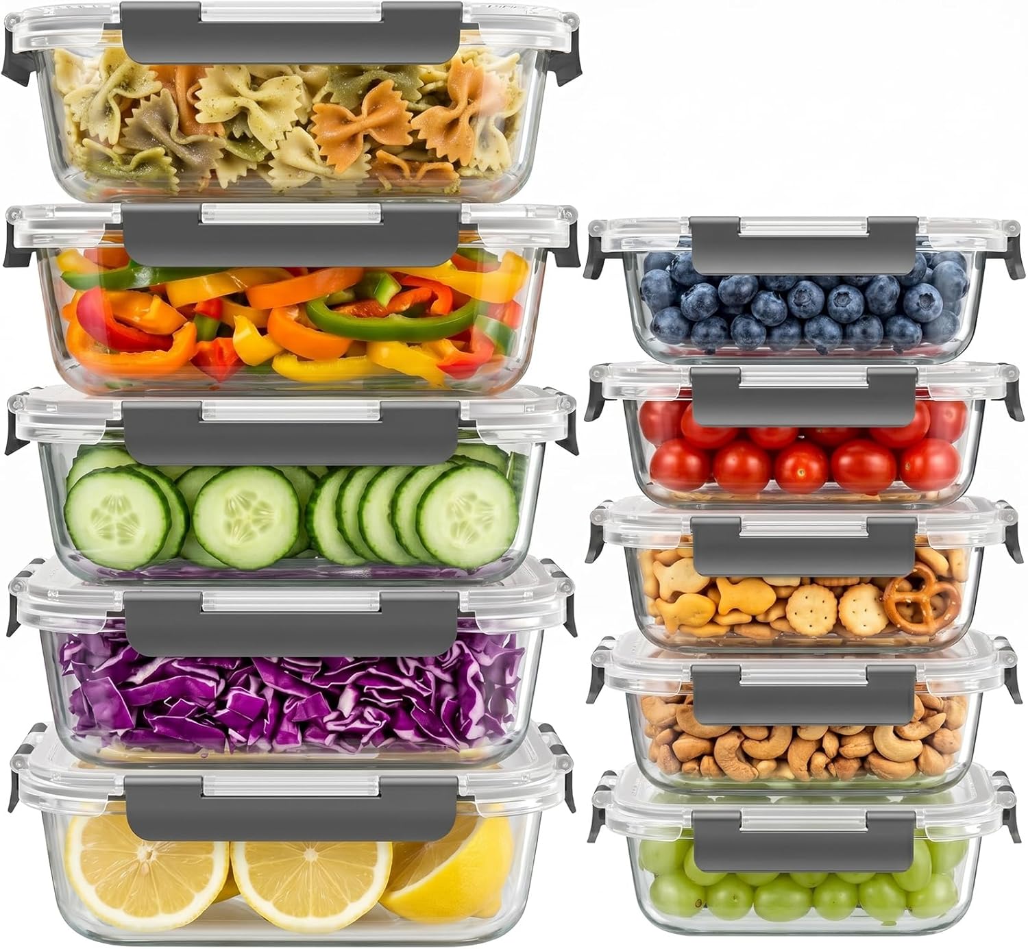Glass Food Storage Containers, 36 oz and 12 oz - 10 Sets, 20 Pieces, Grey