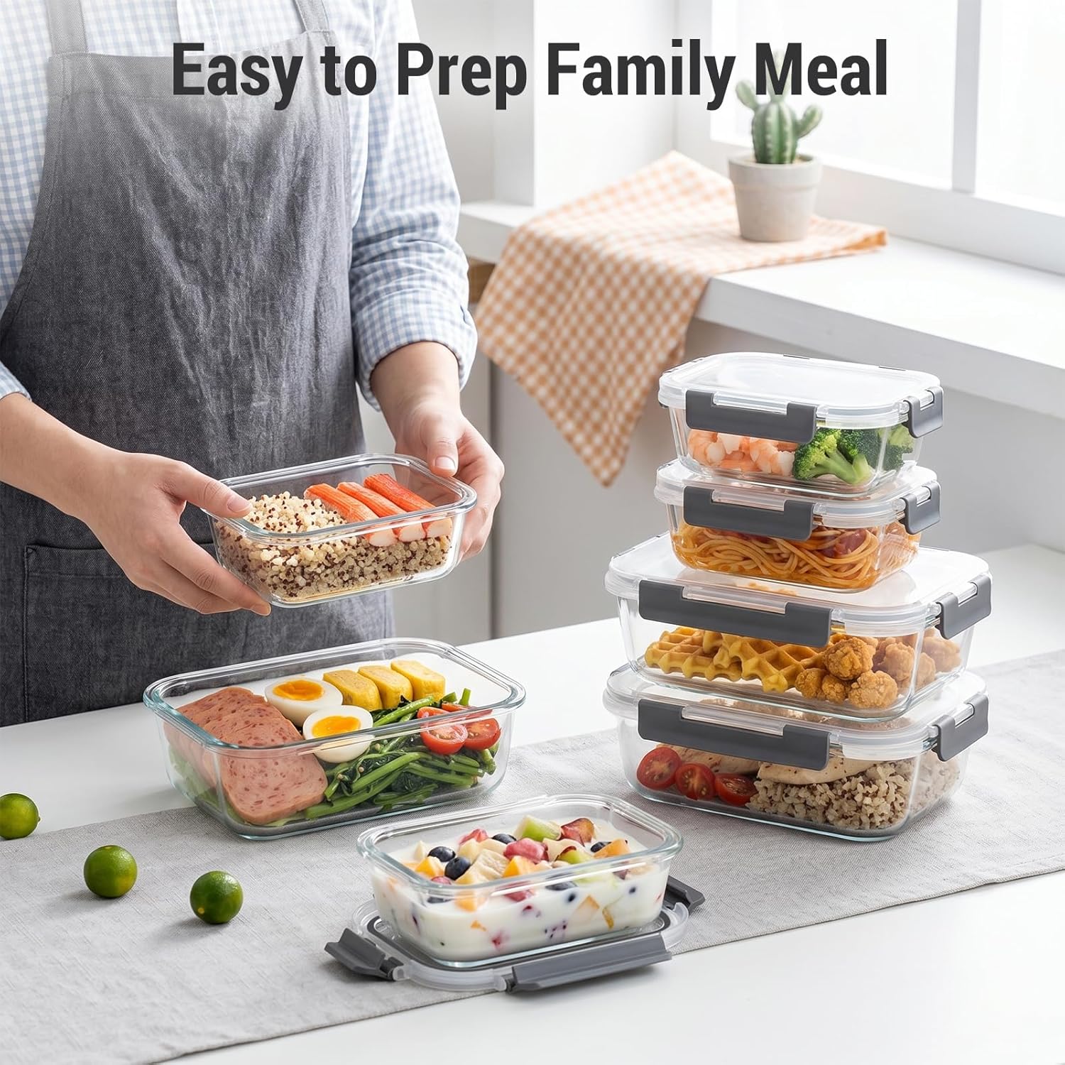 Glass Food Storage Containers, 36 oz and 12 oz - 10 Sets, 20 Pieces, Grey