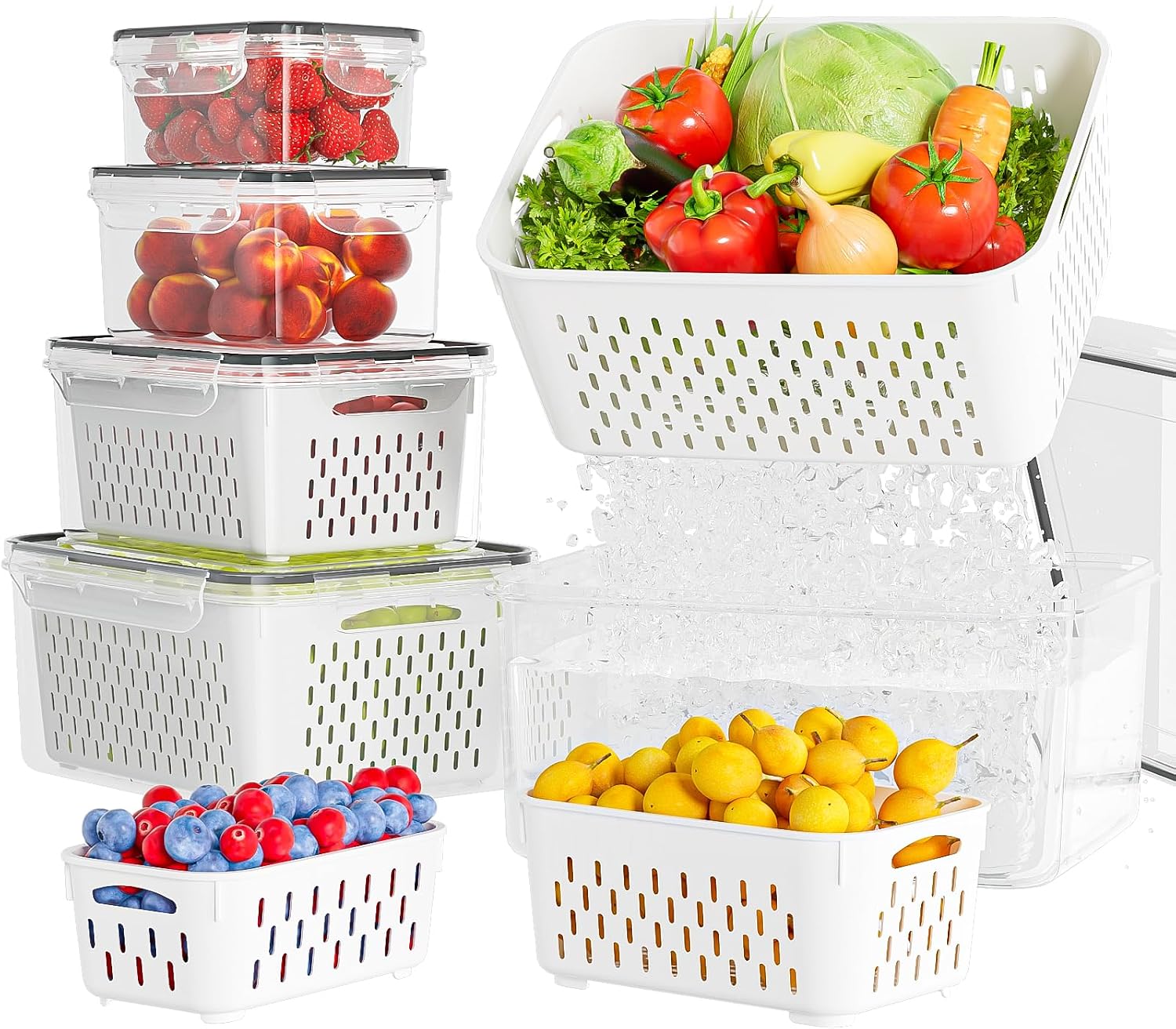 KEMETHY 5 Pack Fruit Storage Containers for Fridge with Removable Colanders - Food Storage Containers with Lids, BPA-Free Produce Containers Keep Fruits, Vegetables, Berry, Meat Fresh Longer Fruit and Produce Storage Containers with Removable Colanders - 5 Pack