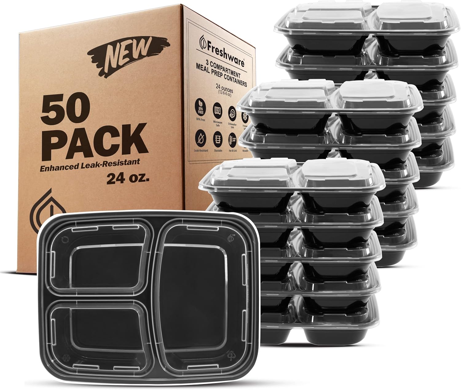 Three-Compartment Bento Meal Prep Containers, 24 oz - 50 Pack