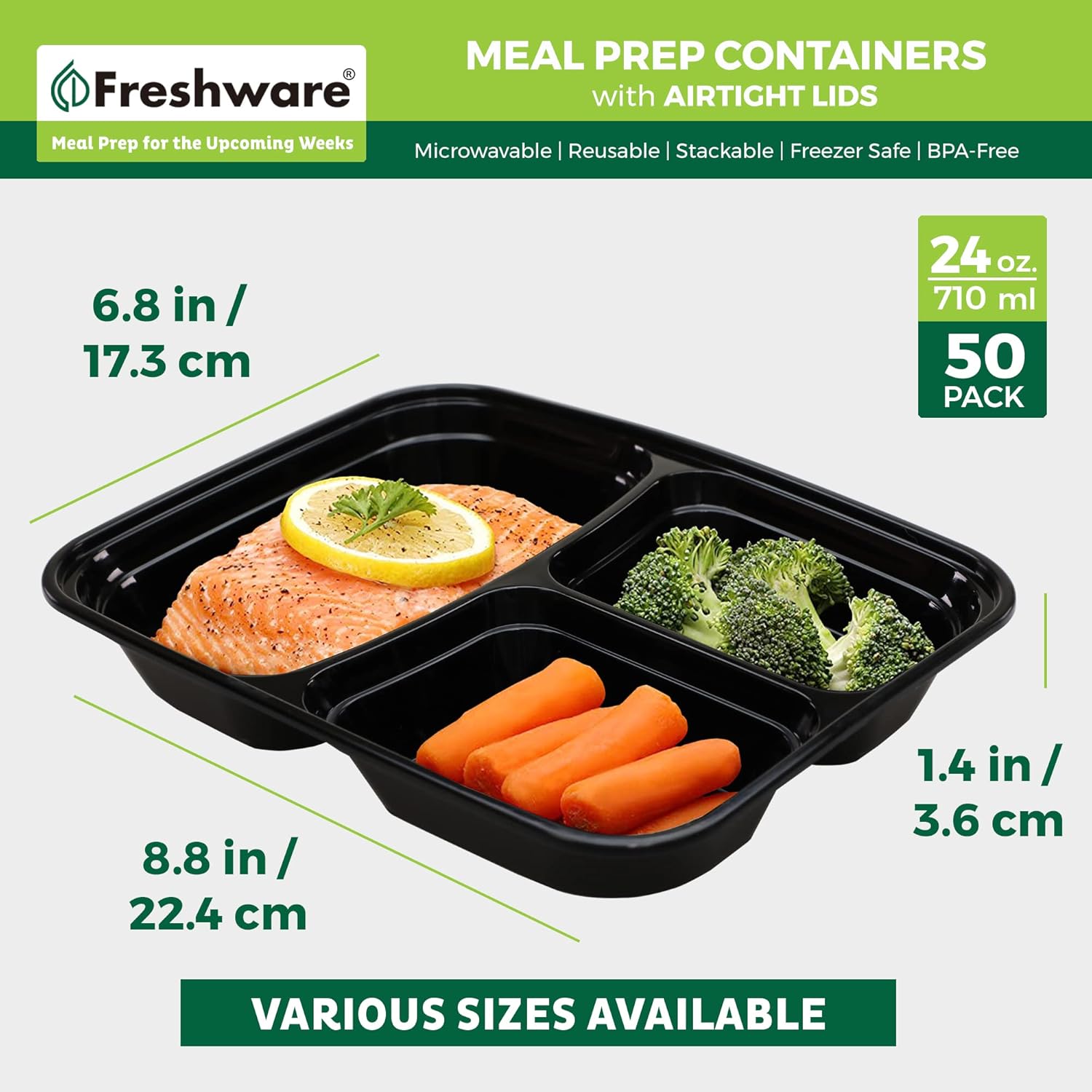 Three-Compartment Bento Meal Prep Containers, 24 oz - 50 Pack