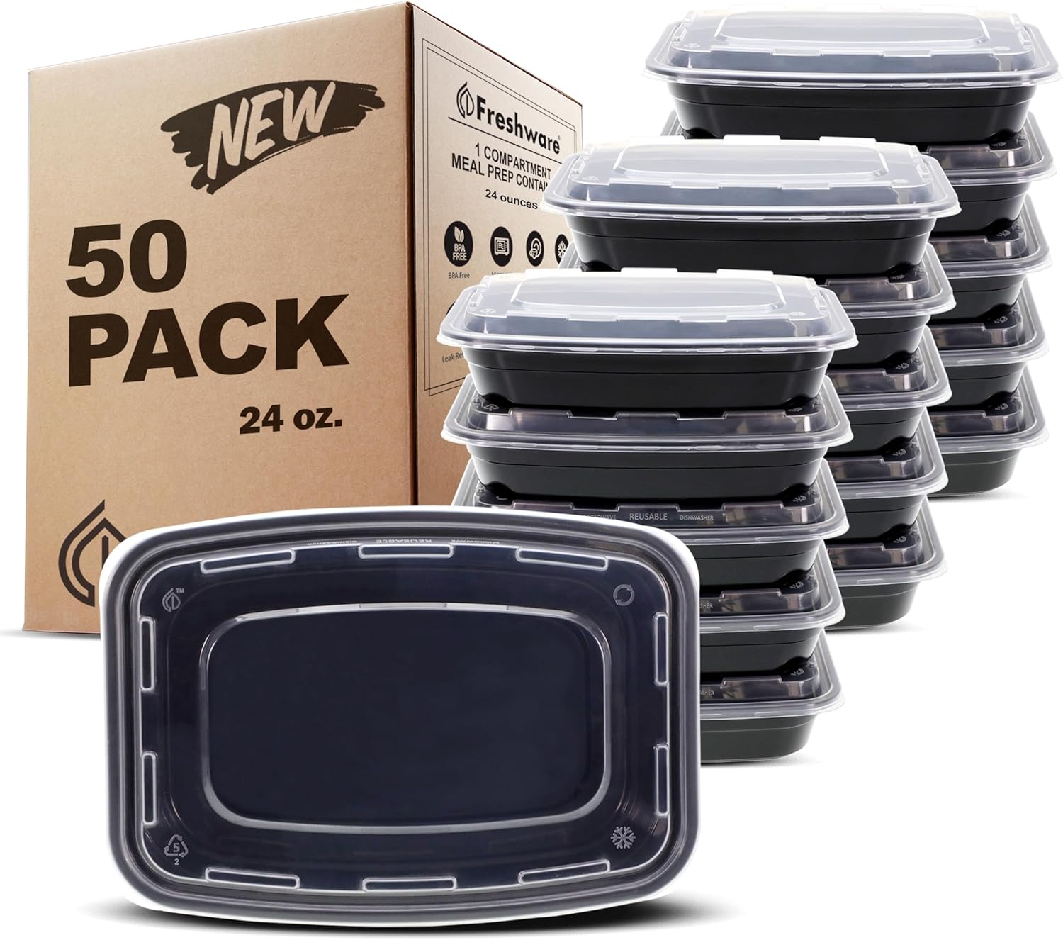Single Compartment Bento Meal Prep Containers, 24 oz - 50 Pack