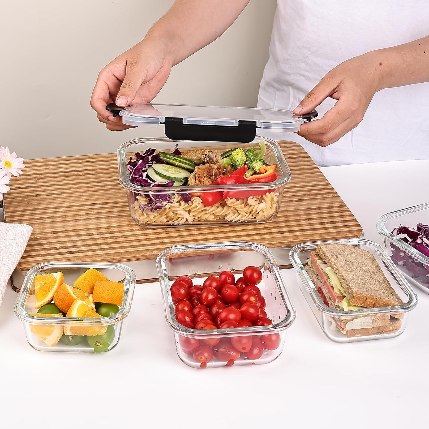 Glass Bento Containers with Leak-Proof Locking Lids - 8 Pack