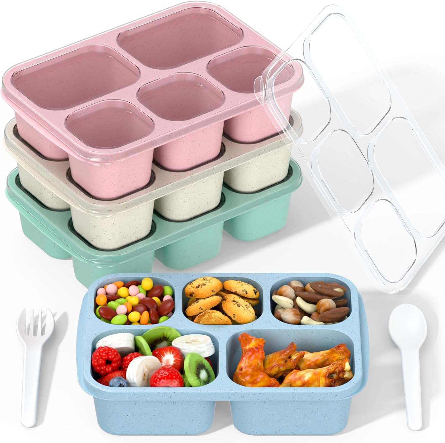 Five-Compartment Bento Lunch Boxes - 4 Pack, Wheat Straw Blend
