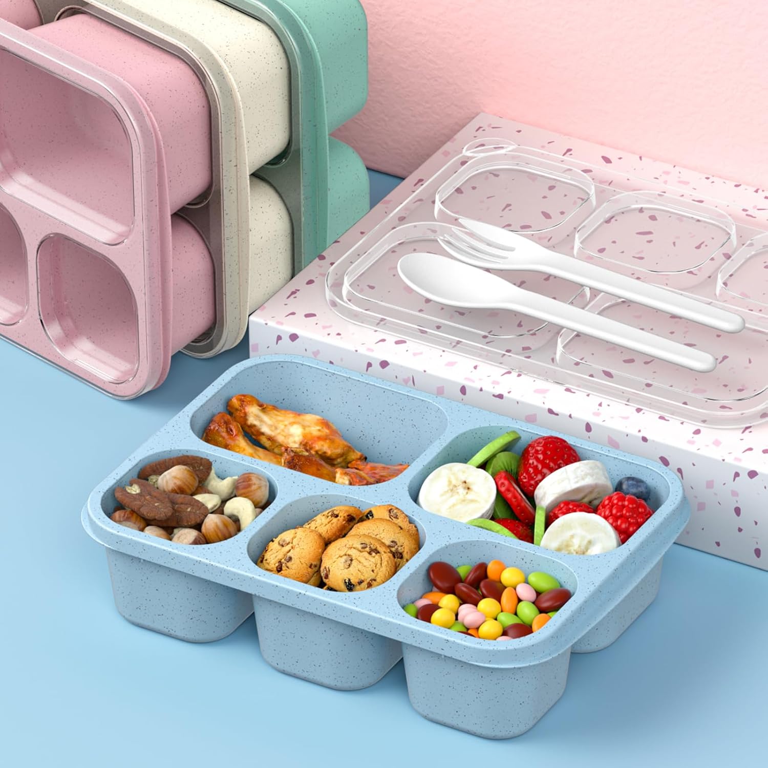 Five-Compartment Bento Lunch Boxes - 4 Pack, Wheat Straw Blend