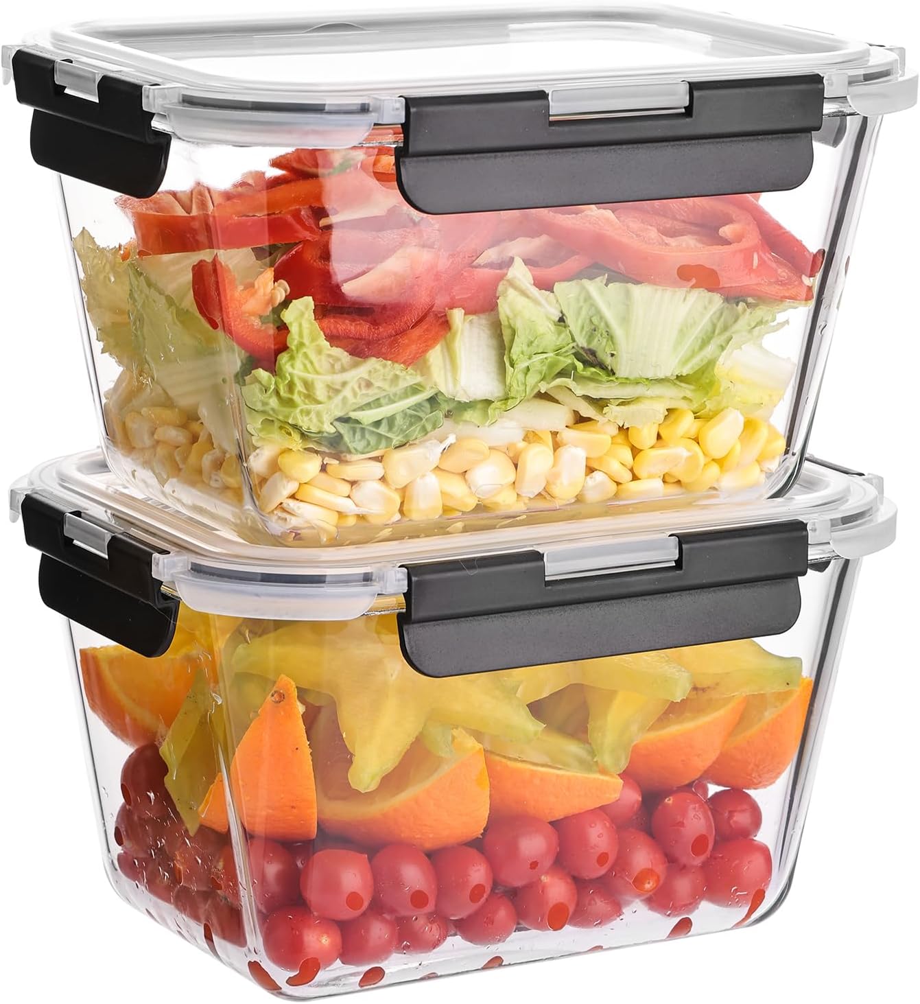 Liuruiyu 2 Pack Large Glass Food Storage Containers with Lids, 63oz Big Meal Prep Containers, Airtight Bento Boxes with Leak Proof Locking for Microwave, Oven, Freezer and Dishwasher, BPA Free Large Glass Food Storage Containers, 63 oz - 2 Pack, Locking Lids