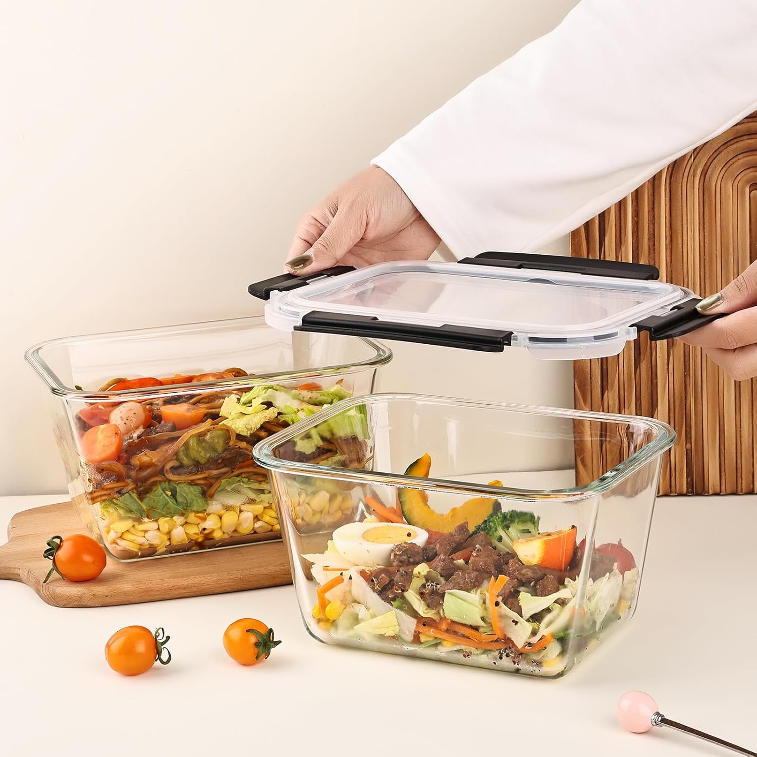 Large Glass Food Storage Containers, 63 oz - 2 Pack, Locking Lids