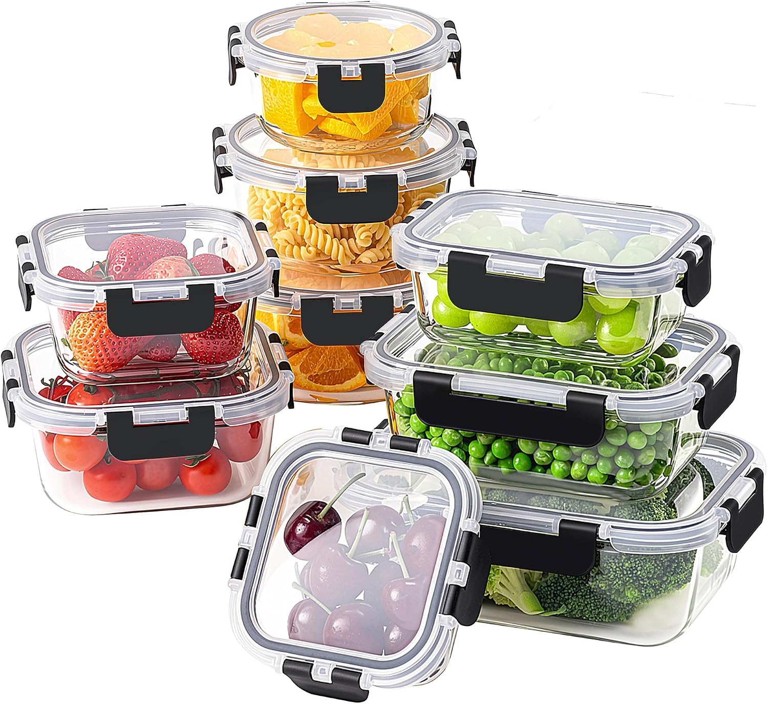 Glass Storage Containers in Three Shapes - 18 Pieces, 9 Containers and 9 Lids