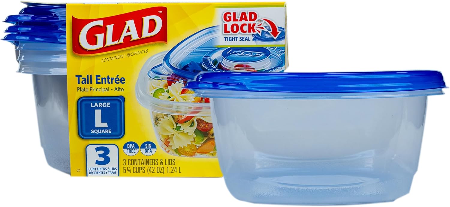 Glad GladWare Tall Entree Containers, Large Square, 42 Oz, 3 Count | Lock-tight seal for meal prep and lunches in a tall square format; microwave and dishwasher safe Tall Square Entree Containers with Lock-Tight Lids, 42 oz - 3 Count