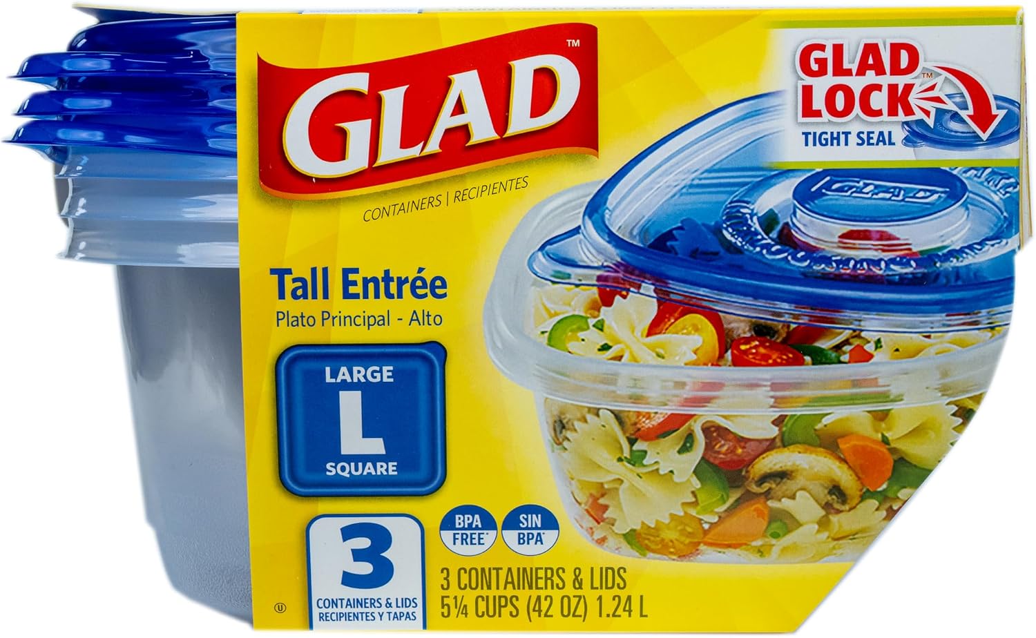 Tall Square Entree Containers with Lock-Tight Lids, 42 oz - 3 Count